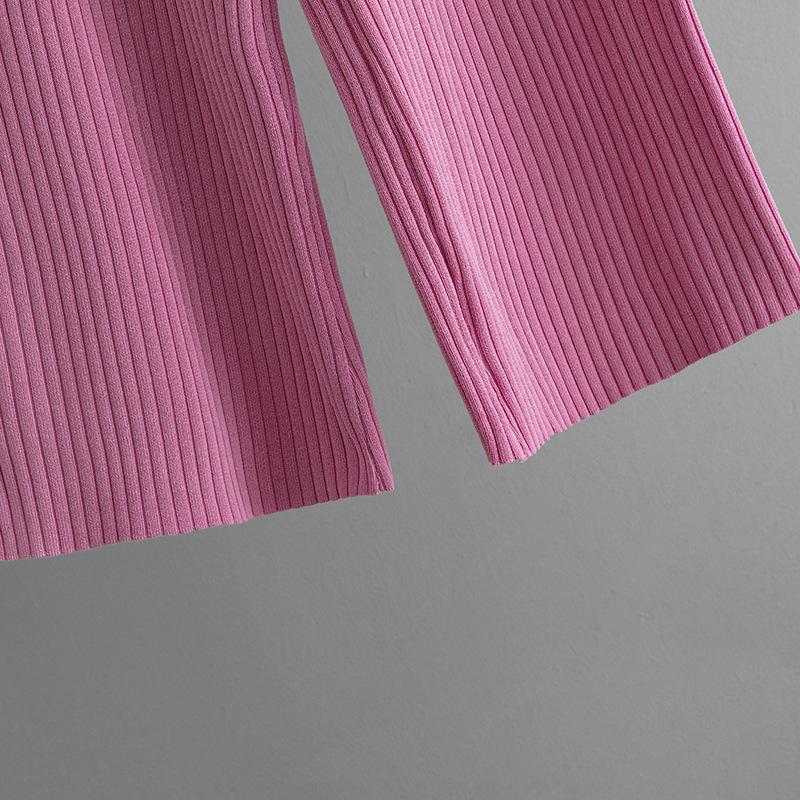 QICED Letní jednobarevný vyšívaný ležérní módní set s kulatým výstřihem, krátkým rukávem a dlouhými kalhotami, pletený dvoudílný set