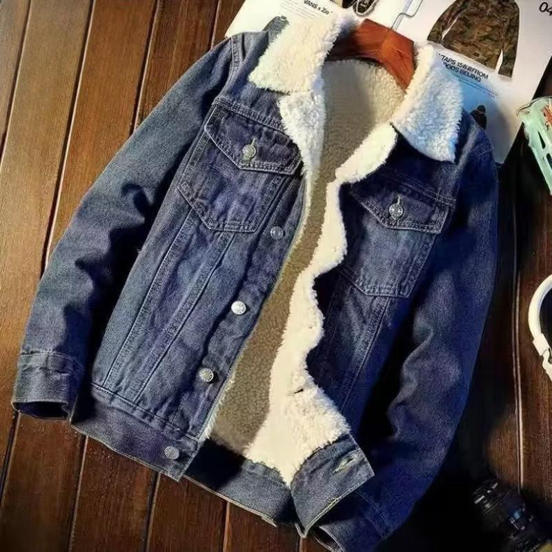 Winter Fleece Denim Jacket Men's Thick Warm Lamb Fleece Denim Jacket Autumn and Winter Loose Plus Size