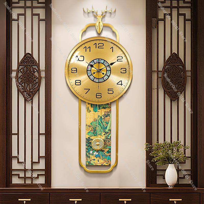 New Chinese-Style Brass Wall Clock,Elegant Living Room Decoration,Creative Jiangshan Chart Wall-Mounted Silent Quartz