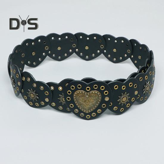 Retro Western Cowboy Belt Hollow Hole Metal Heart Stitching Waistband Solid Color Faux Leather Adjustable Belt Costume Accessories