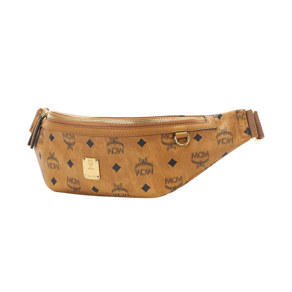 MCM Cognac Visetos Monogram Fanny Pack with Zip Closure & Gold Logo Plate for Daily & Street Style Use