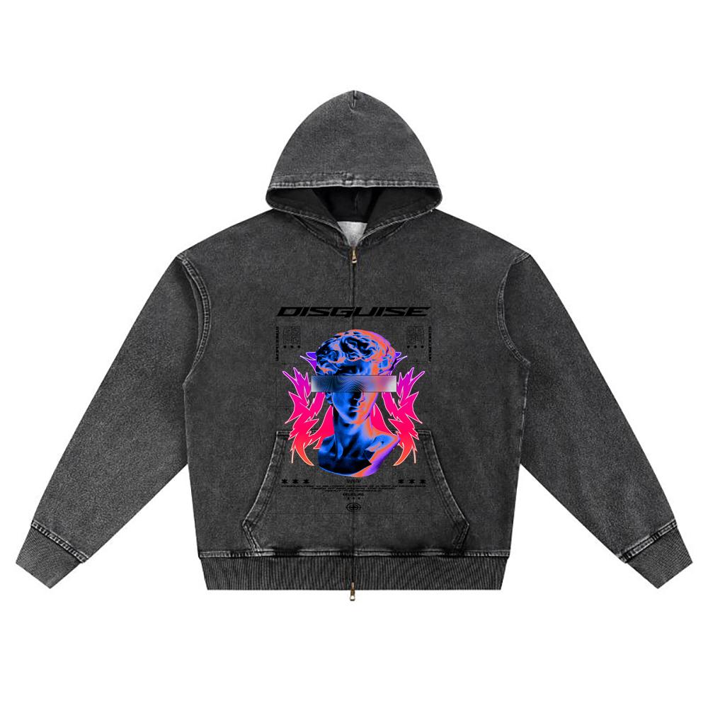 

DTG print Knitted Denim Zip-Up Hoodie Streetwear Brother Print Zipper Hoodies S