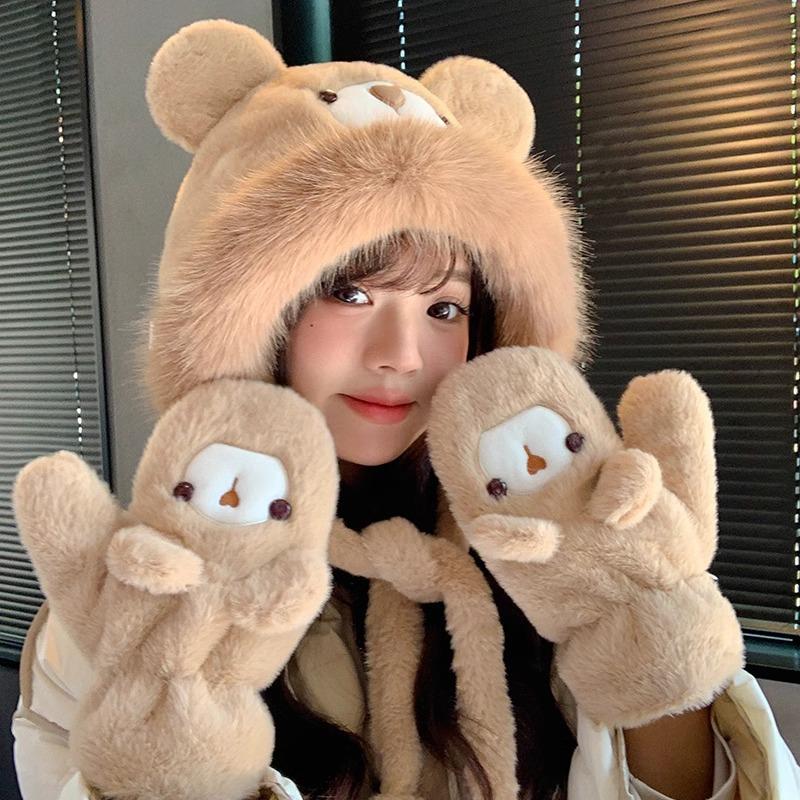 Women's Plush Bear Warm Plush Big Head Circumference Pullover Hat with Bear Ears Plush Hat