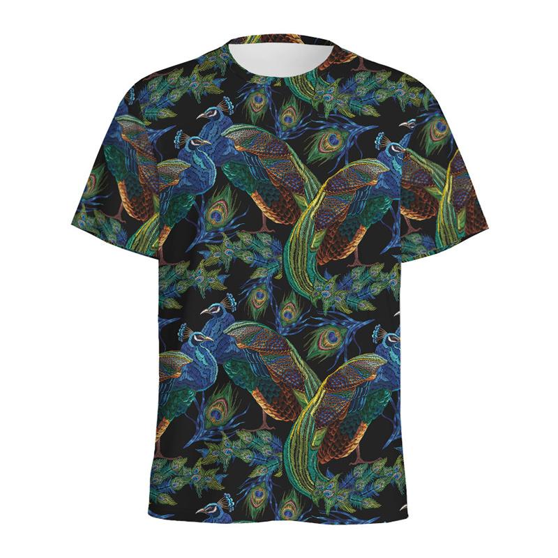 Boho Peacock Feather Pattern T-shirt For Men Vintage Crew Neck Short Sleeves 3D Printed T Shirts Women Summer Street Tees Tops