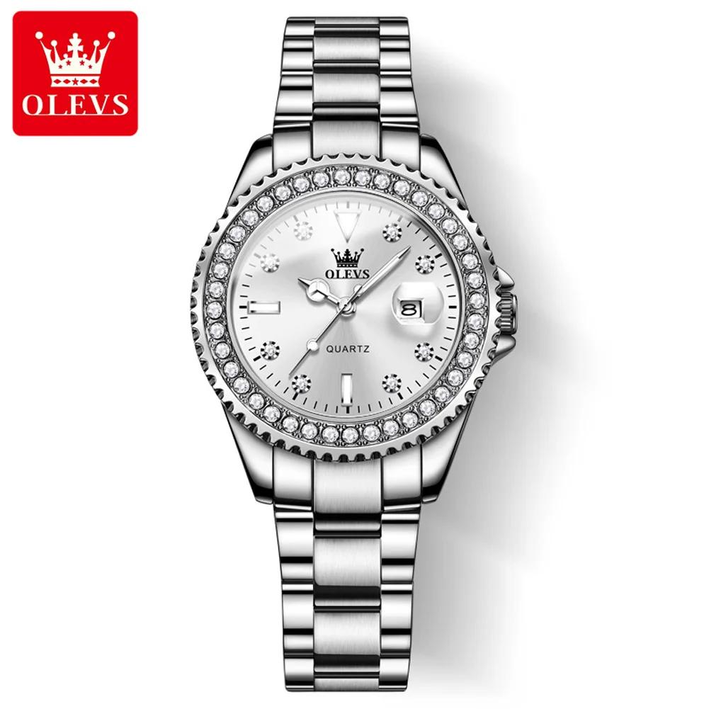 OLEVS Kvartsklokke for kvinner Diamond Dial Luxury Rustfritt stål Vanntett Elegant Dame Mote Topp Merke Dameklokke