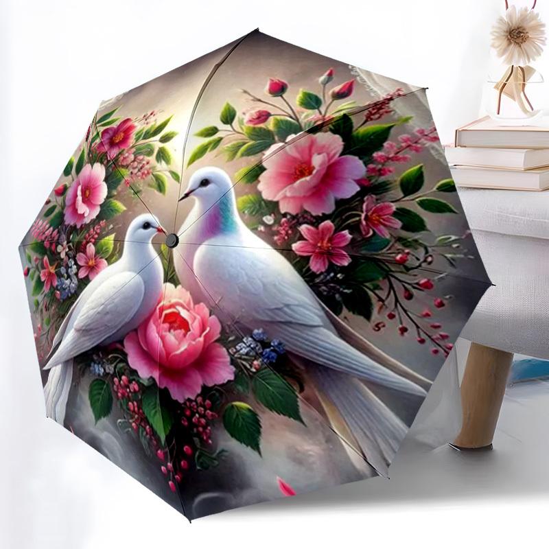 1pc Automatic Open/Close White  Pink Dove  Rose Flower Umbrella - 8-Rib Compact Folding Umbrella with White Doves  Pink Ros