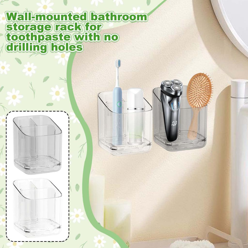 Toothbrush Holder With Tray, Wall Mounted, Non Perforated Bathroom Storage Rack, Toothpaste Storage