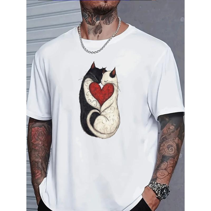 European sizes Men's Fashion Adults Men Casual Trendy Black White Cats Red Heart Pattern T-shirt Men's Wear for Adults Men Daily Wear Holiday Gift