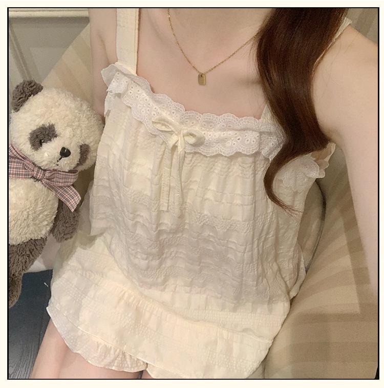 2026 Summer Woven Cloud Cotton Pajama Set with Chest Pads - Women’s Sweet Princess Cami Home Wear