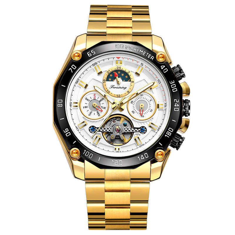 Forsining Watch Tourbillon Mechanical Men Watches Calendar Moon Phase Stainless Steel Strap Business Dress Sport Wristwatch