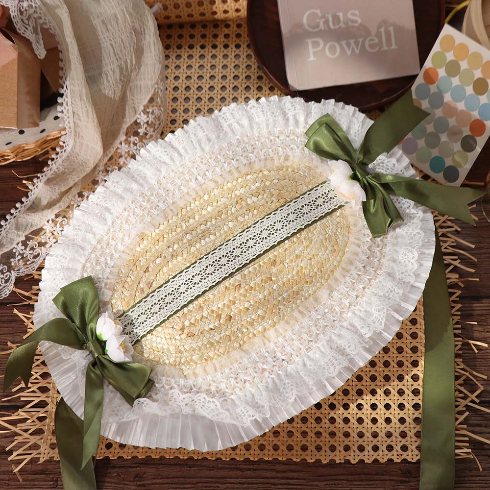 Cute Lace Lolita Bonnet Flat Top French Lolita Straw Hat Sun Protection Pastoral Style Bow Ribbon Flower Cap Beach Vacation