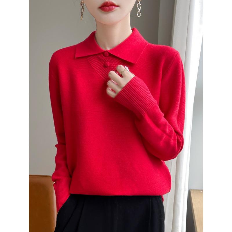 Age-reducing Lapel-neck Knitted Sweater Women's Long-sleeved Loose Early Autumn Bottoming Shirt Top Button-embellished PO Collar Inner Sweater