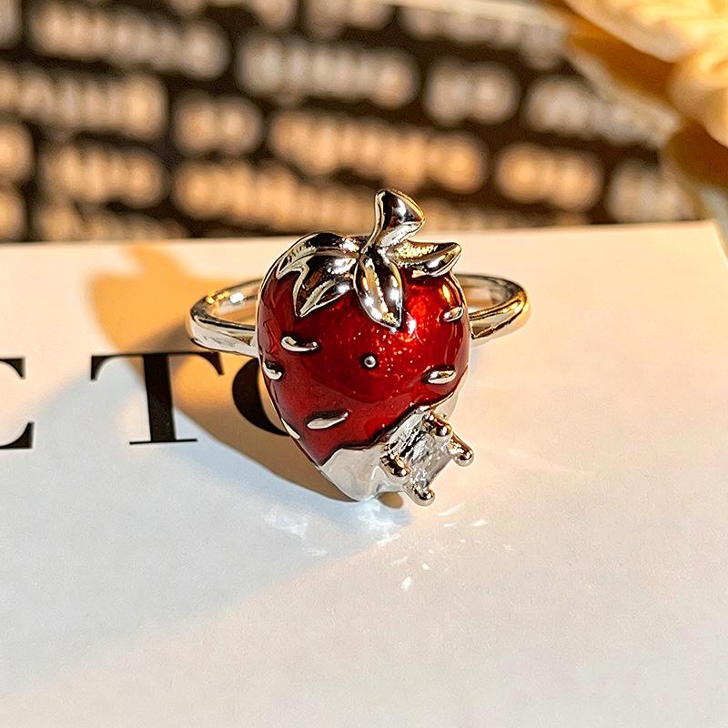 Niche Premium Stack‑Wear Open Ring Vibrant Sweet Girly Fruit Enamel Drop‑Glaze Strawberry Zircon Adjustable Fashion Jewelry