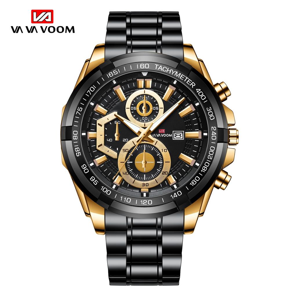 VA VA VOOM Orologi sportivi al quarzo da uomo Cassa in oro rosa moda Cinturino in pelle nera in acciaio inossidabile Calendario Orologio al quarzo impermeabile 30 m Relogio Masculino