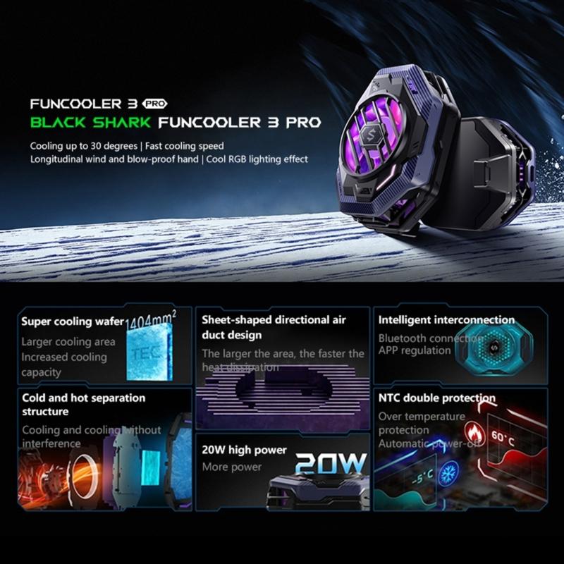 Black-Shark 3Pro Radyatör Evrensel Cep Telefonu Soğutucu Fan 7-Blade 20W Yarıiletken Arka Klip Isı Emici RGB Işık ile