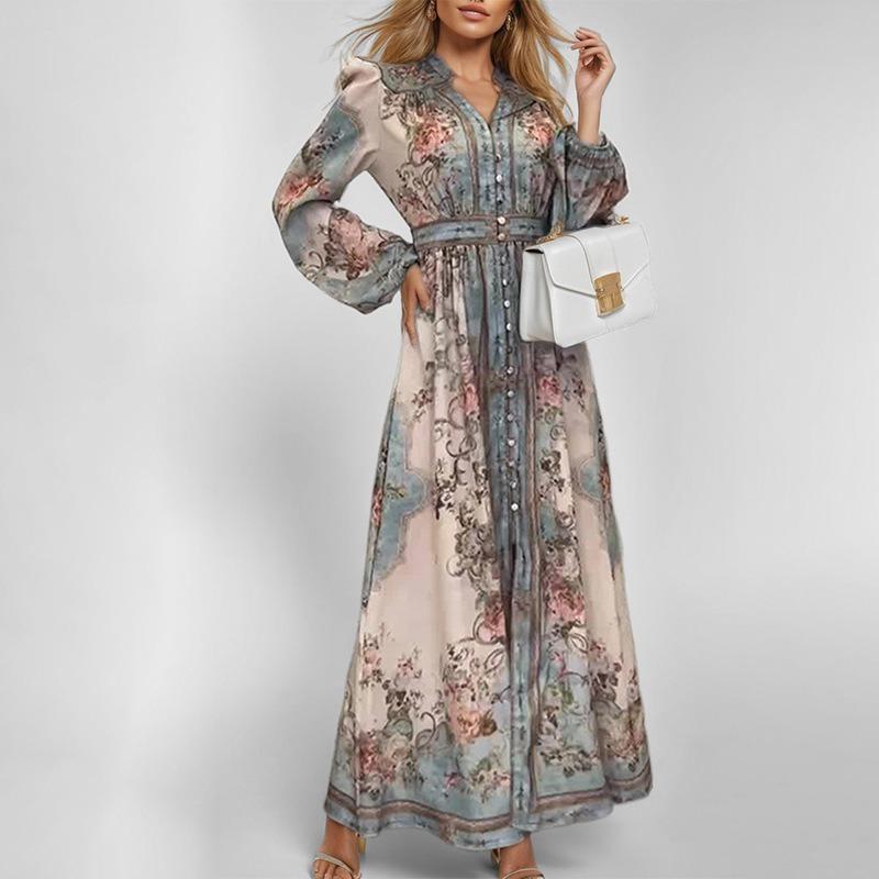 Women Vintage Palace V-neck Long Sleeved Printed Pendant Dress