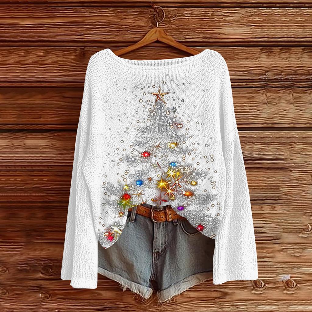 Women's Casual Fashion Round Neck Top Christmas Print Long Sleeve Knit Pullover