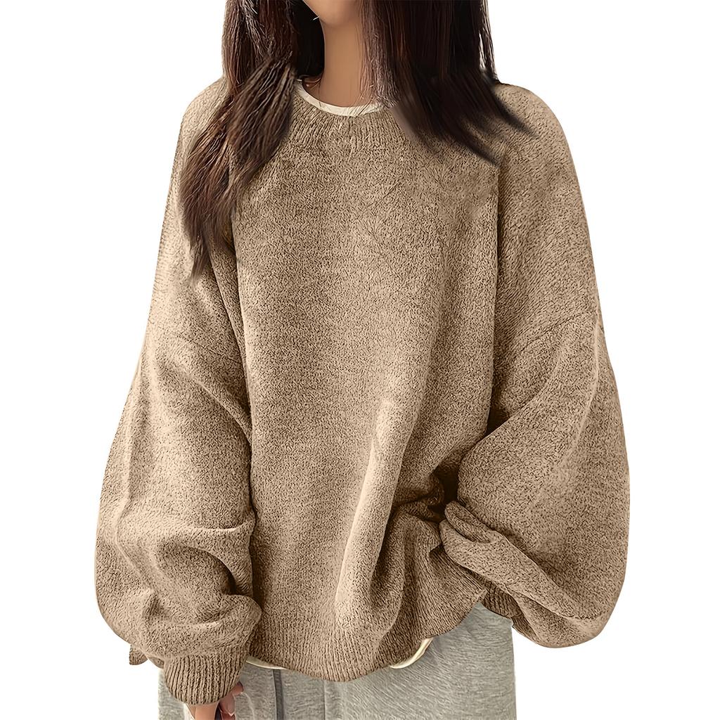 Women's Fashion Casual Loose Pullover Solid Color Round Neck Long Sleeve Knit Sweater