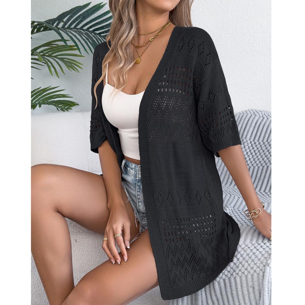 Cardigan in Maglia da Donna Casual e alla Moda, Monocolore, Lavorazione a Intreccio, Manica Media