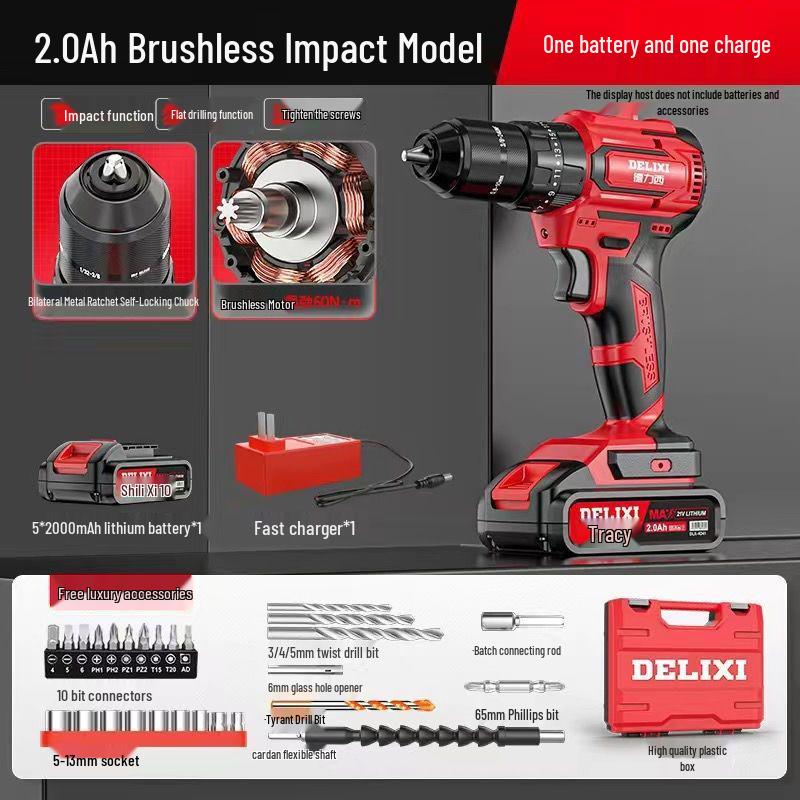 Delixi Brushless Handheld Lithium Battery Drill and Electric Screwdriver with Impact and Rechargeable Features for High-Power Household Use.