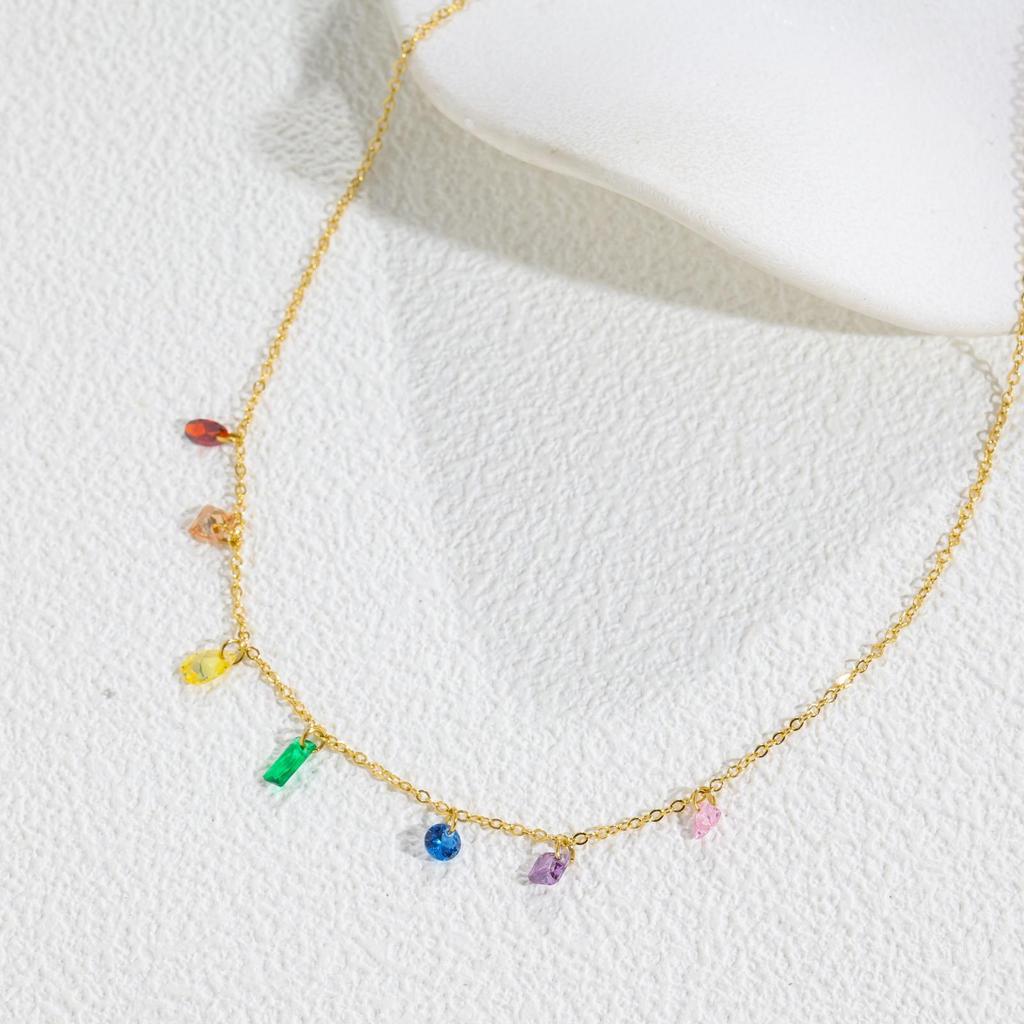 Full Diamond Necklace, Colored Gemstone Necklace, Stacked Temperament Titanium Steel 18K Gold Zircon Necklace Does Not Fade Women