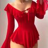 Plus Size Sexy Mesh Transparent Nightgown Rave Ruffle Bell Long Sleeve Off Shoulder Dress Lingerie Babydoll with Thong Nightwear