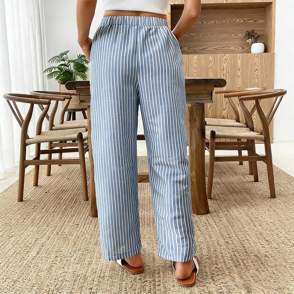 Women's Fashionable Striped High Waisted Pocket Home Versatile Casual Pants