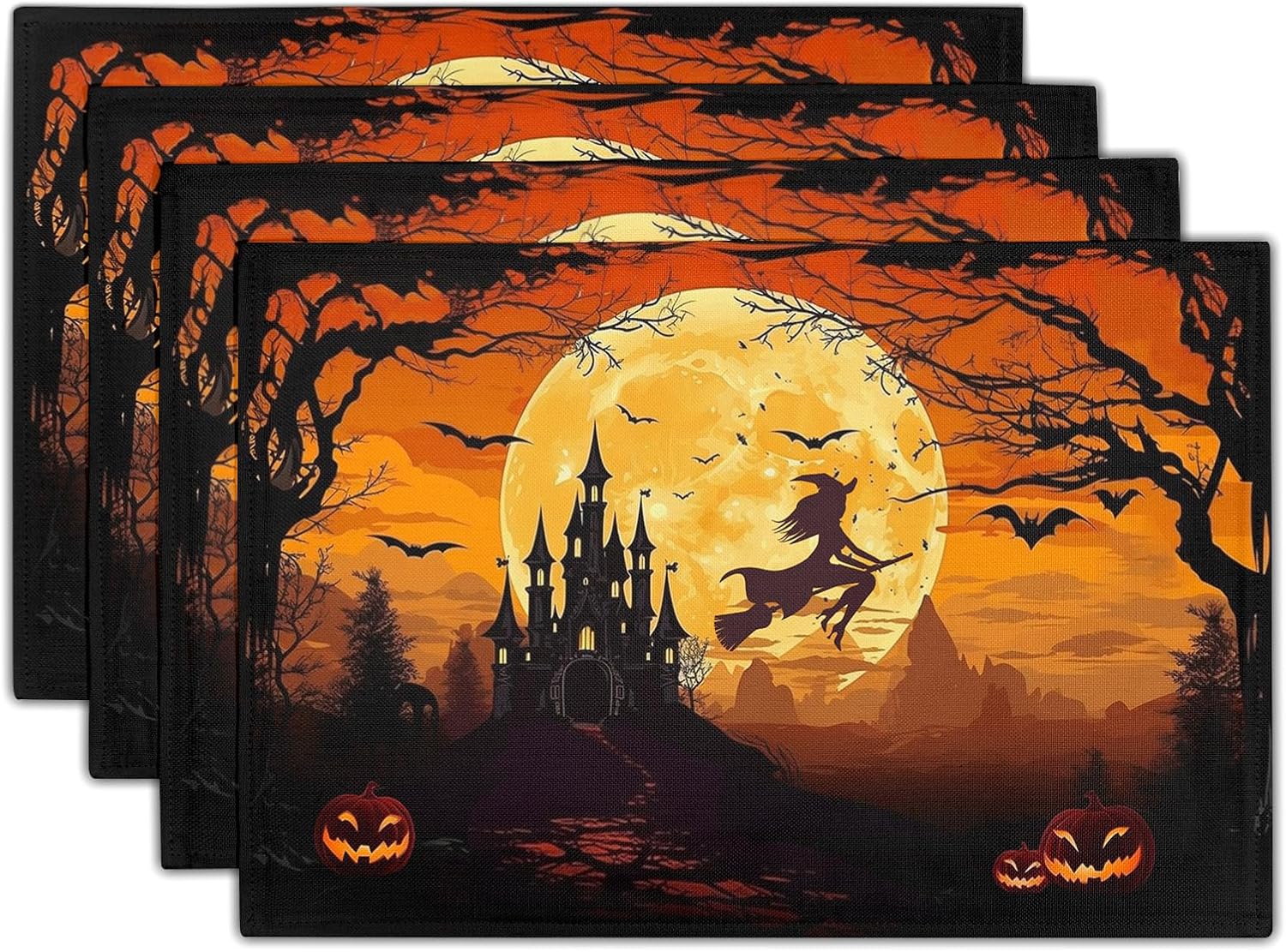 

Halloween Witch Placemats Set of 6 18x12 Inch Bat Castle Pumpkin Linen Place Mats Wipeable Holiday Table Mat 6PCS