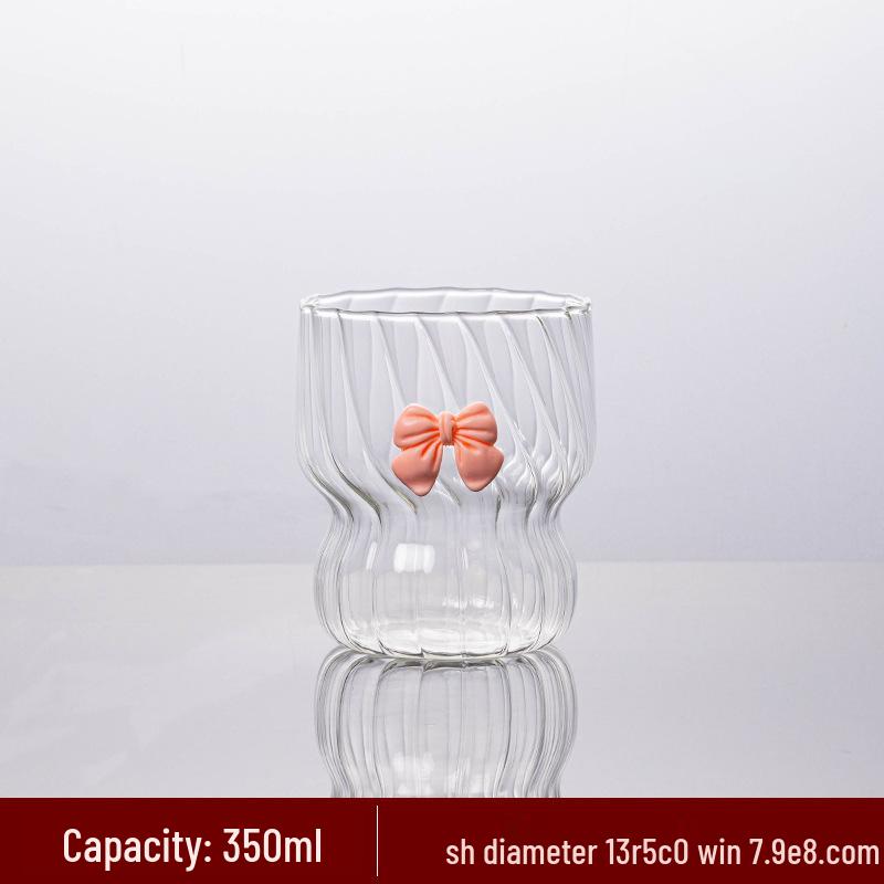 Girly Pink Heart Heat-Resistant Chubby Glass Cup with Bow and Vertical Stripes 300-350ML