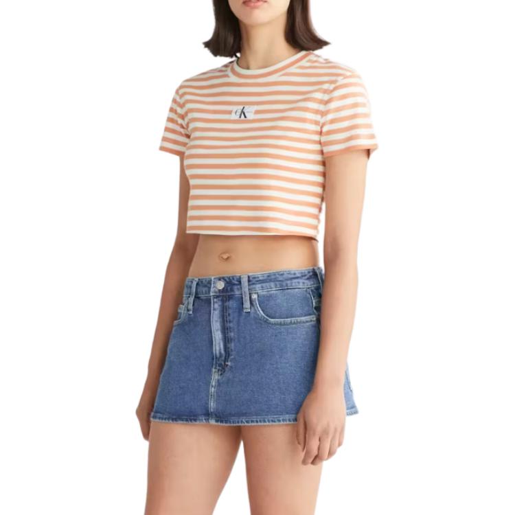 Calvin Klein Striped Round Neck Short Sleeve T-Shirt Women tops Ivory Tropical-Orange J20J222196-YBI