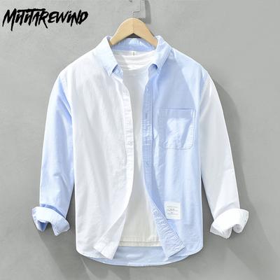 Korean Fashion Long Sleeve Men Shirt Youth Street Style Patchwork Shirts Casual Pure Cotton Soft and Comfortable Men Clothing