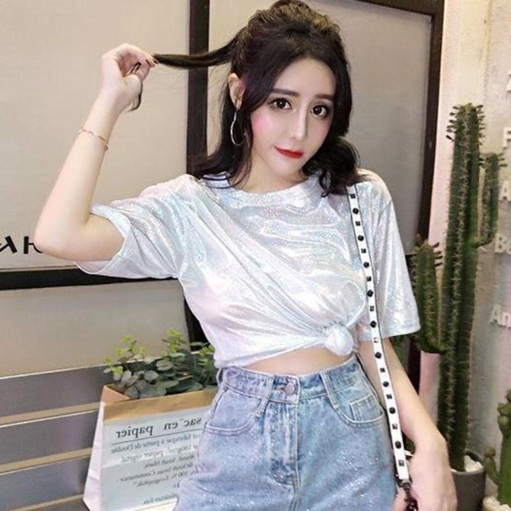 Ladies T-shirt Reflective Summer Short Sleeve Personality Tops Women Loose Shiny T Shirt EMA