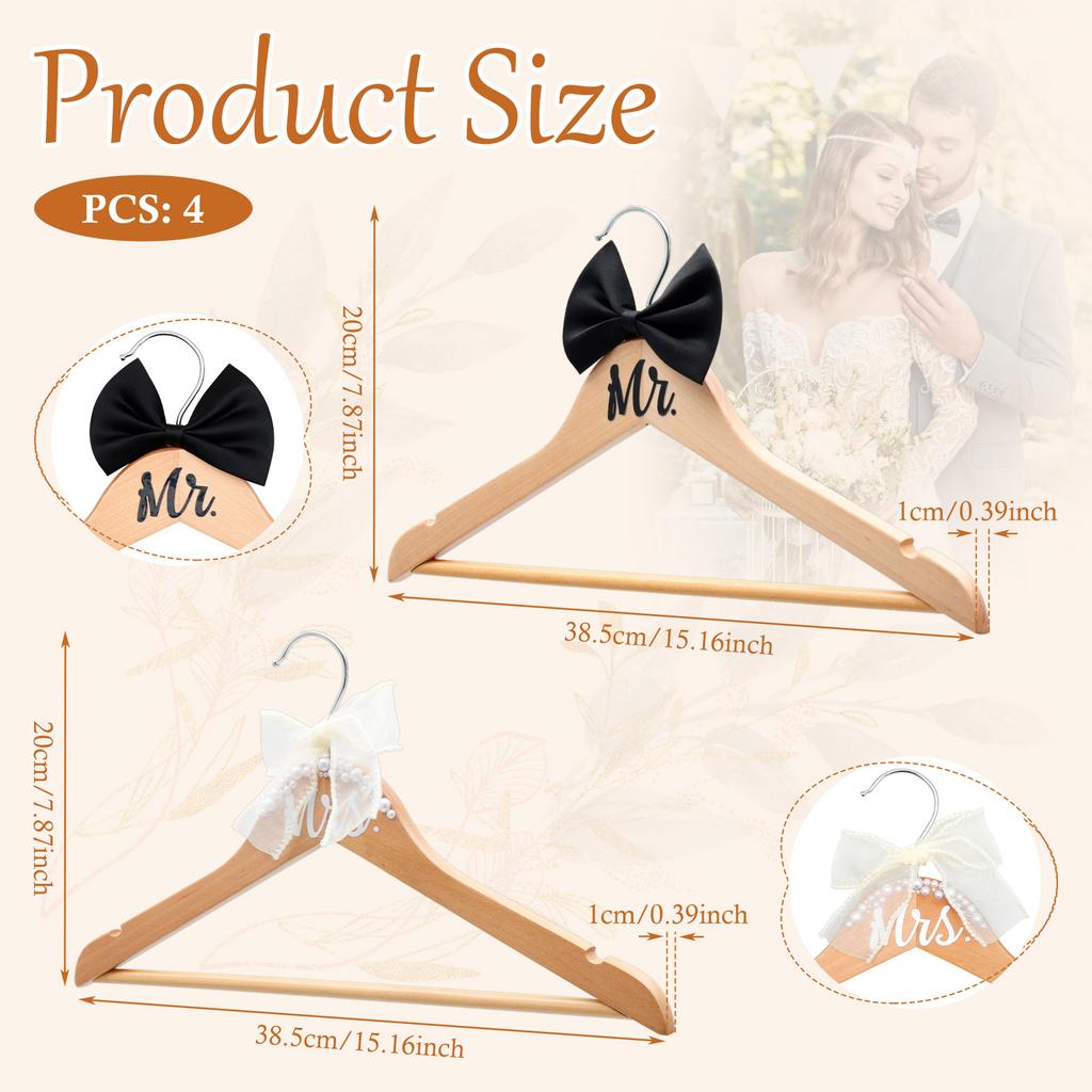 4Pcs clothes hangers Dress Hanger with Bow Pearl Bride Groom Gown Dress Tuxedo Suit  Anti Slip WoodenHanger Wedding Supplies