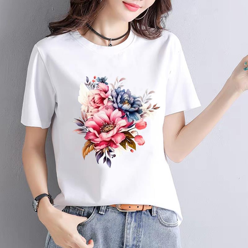 

A New Hotselling Trendy Casual Base Layer for Women with A Featherlike Style Summer Printed Shortsleeved Roundneck Tshirt 4XL