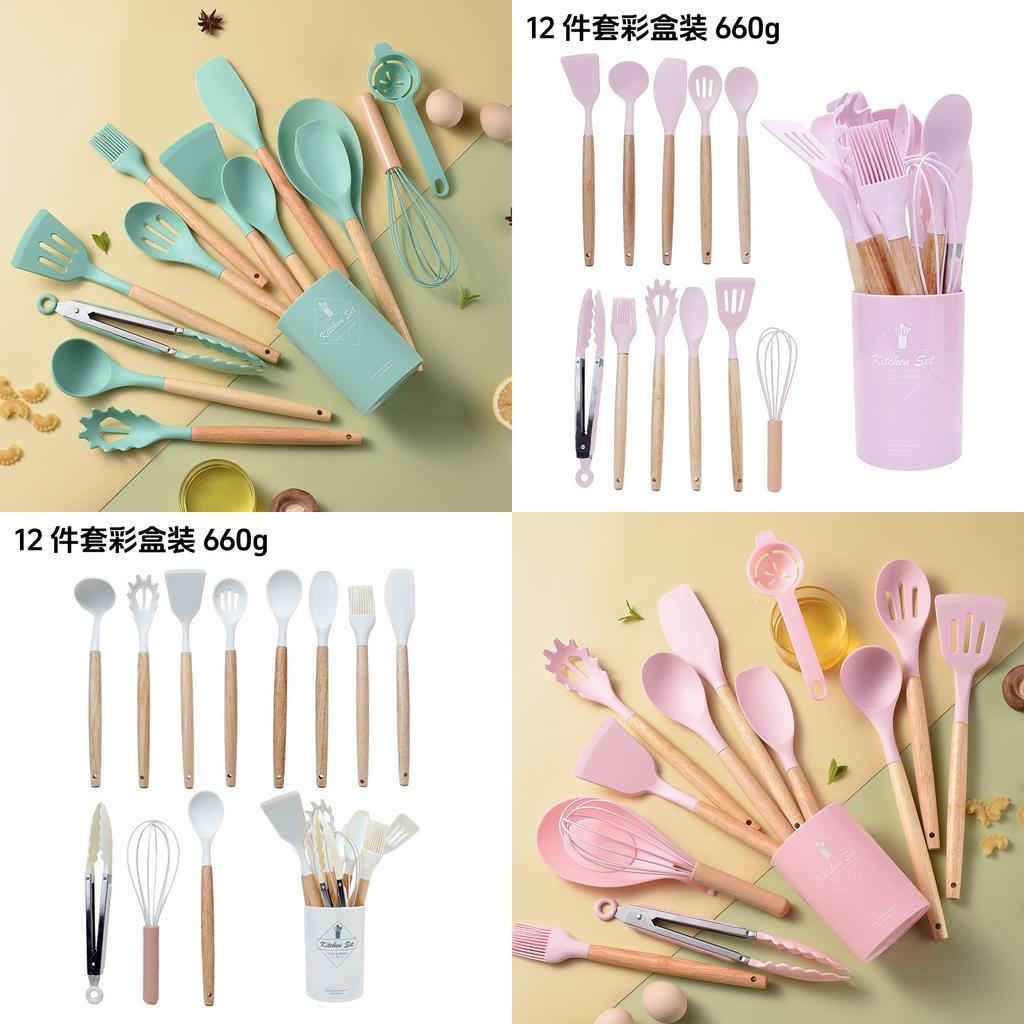 Silicone Kitchen Utensil Set With Wooden Handles For Cooking Nonstick Heatresistant For Home Use