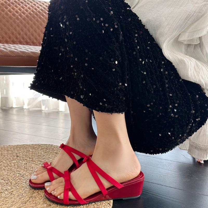 

Модные туфли-клинья женские элегантные туфли на среднем каблуке модные шлепанцы-вьетнамки лодочки 2025 новая летняя коллекция дизайнерские слайды 40 красный