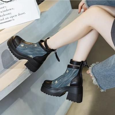 Fashion Denim Hollow Short Boots Women 2024 New Summer Thin Breathable High Inside Women's Boots Thick Soled Versatile Cool Boots Female
