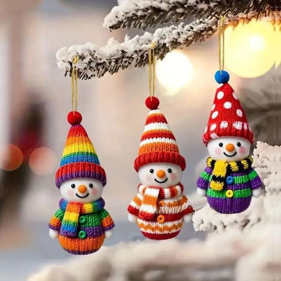 Wooden Snowman Ornaments Colorful Snowman Figurines with Pom-Pom Hats Christmas Tree Festive Holiday Decoration