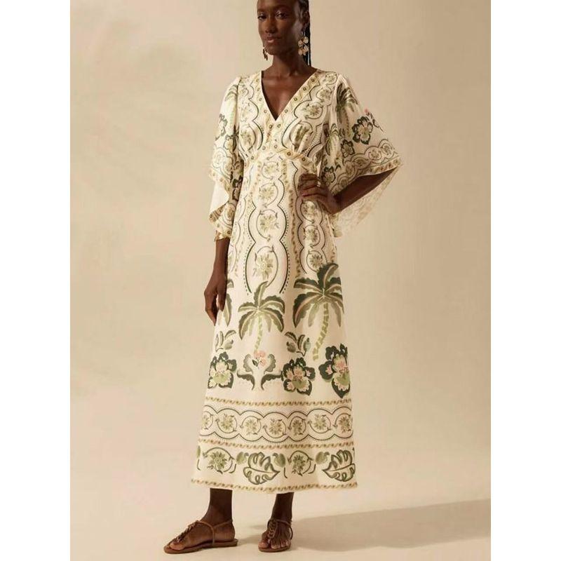 Amazon Vacation 2025 Summer New V-neck Fashion Loose Print High Waist Long Dress Women Dress