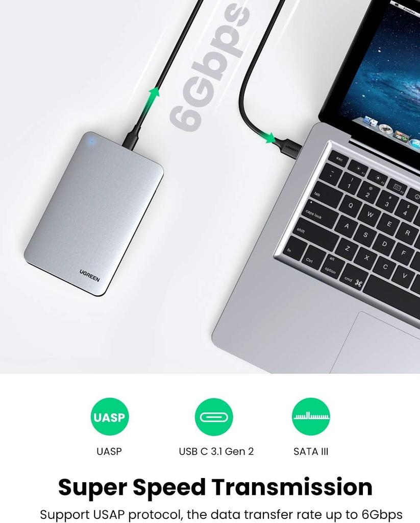 UGREEN 2.5" Aluminum Hard Drive Enclosure for SSD/HDD USB 3.1 Gen 2 UASP SATA III PS4//PC Tool-Free