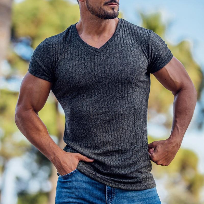 Summer Slim V-neck Sports Breathable Physical Spot Solid Color Short-sleeved Sweat T-shirt Men Short Sleeved