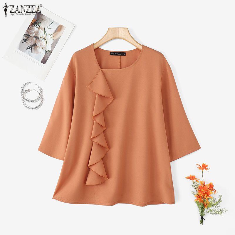 ZANZEA Women Casual Round Neck Loose 3/4 Sleeve Blouse