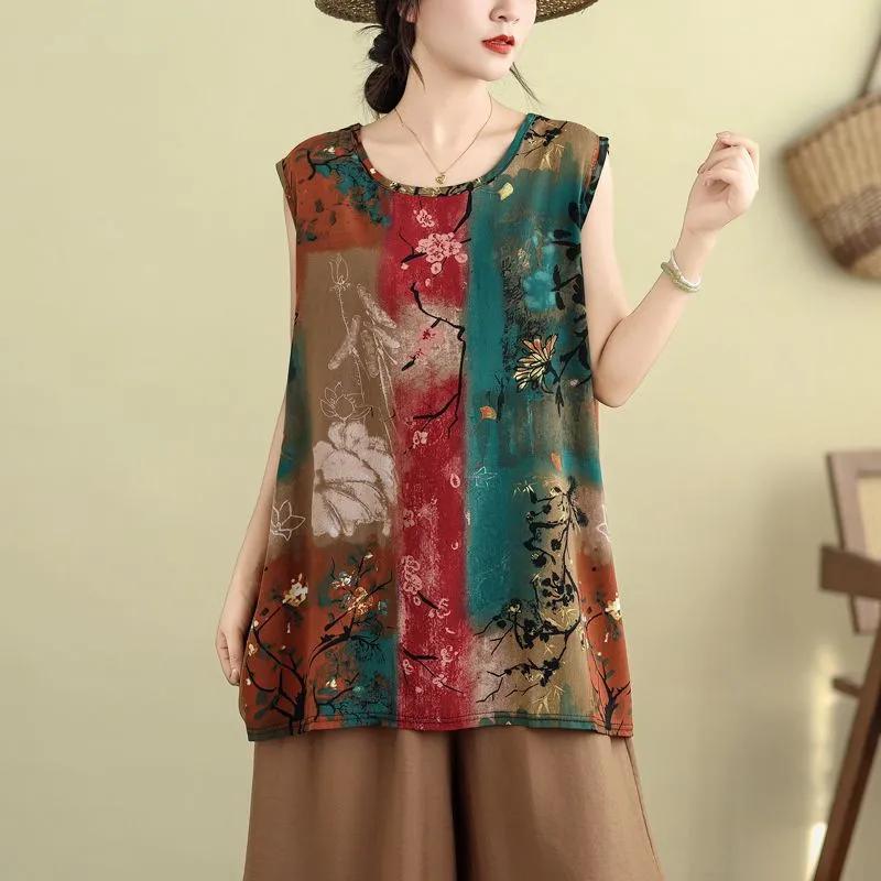 Yeni A kesim İnce Bol Kadın Tişörtü Çin Tarzı Baskılı Üst Çok Yönlü Zarif Askılı Üst