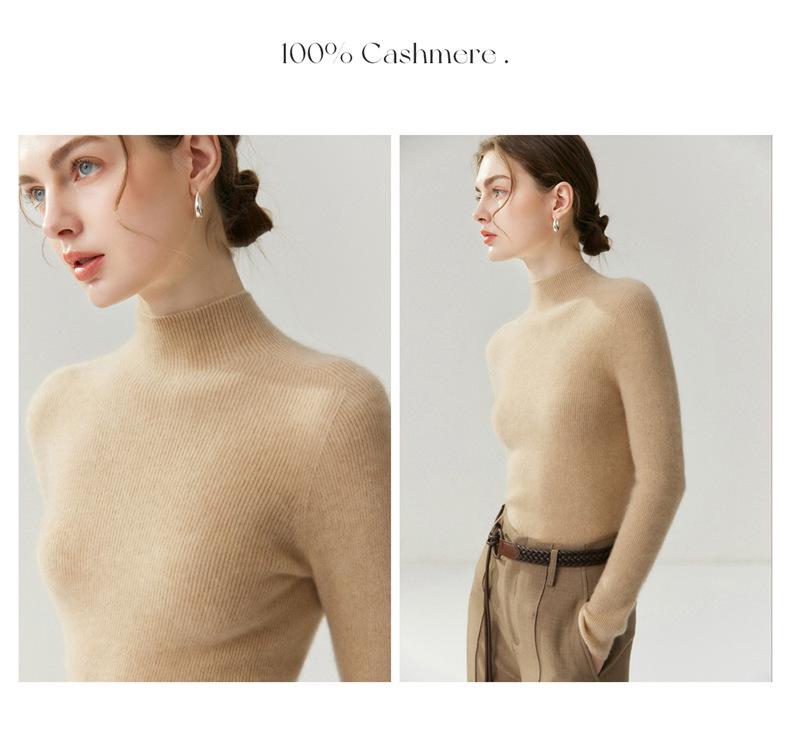 Women's Pure Cashmere Slim-Fit Sweater, Half-High Neck, Knit Base Layer, Autumn/Winter Collection