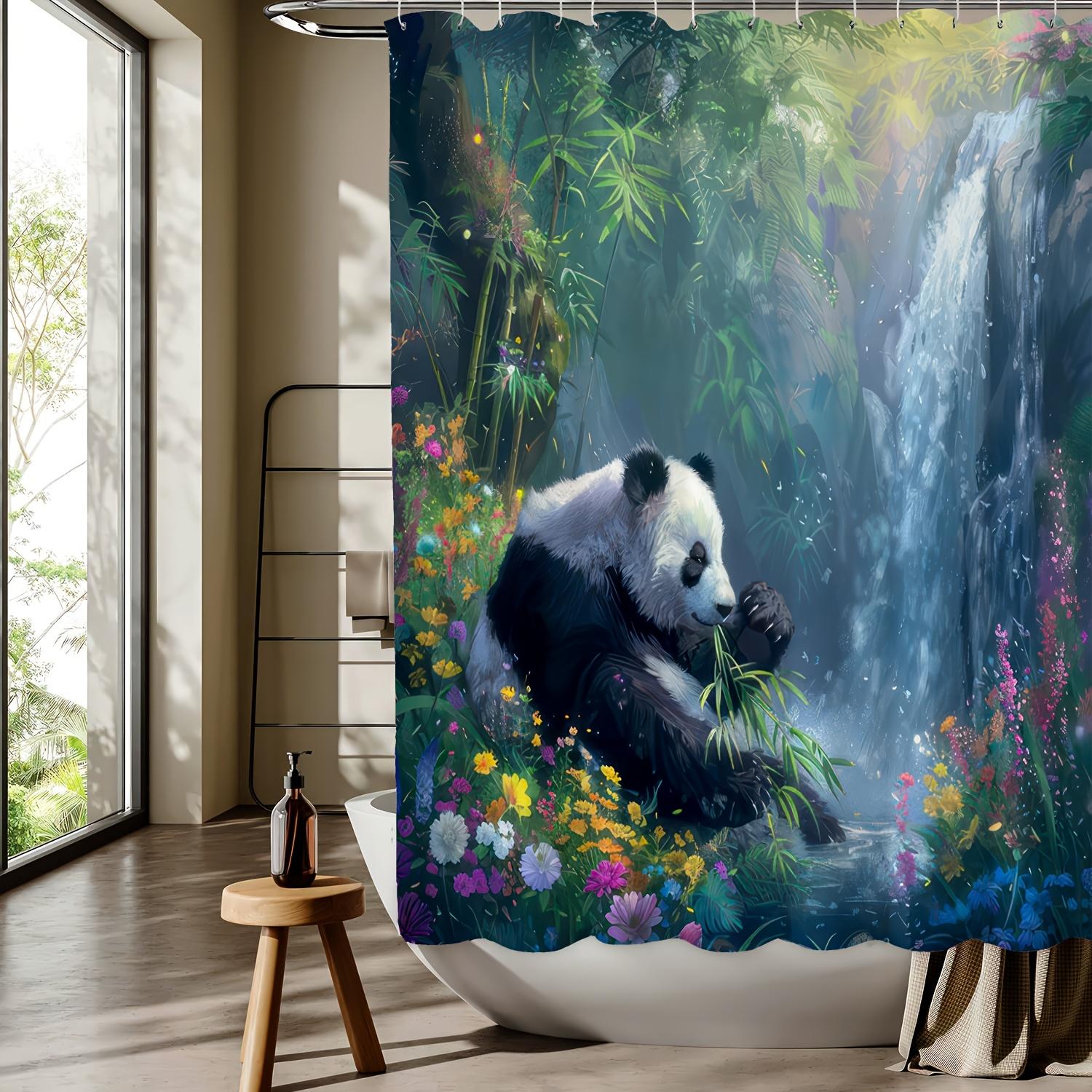 Forest Panda Digital Print Shower Curtain, Free Hooks, Machine Washable, Reversible All-Season Polyester Bathroom Decor W90xH180cm