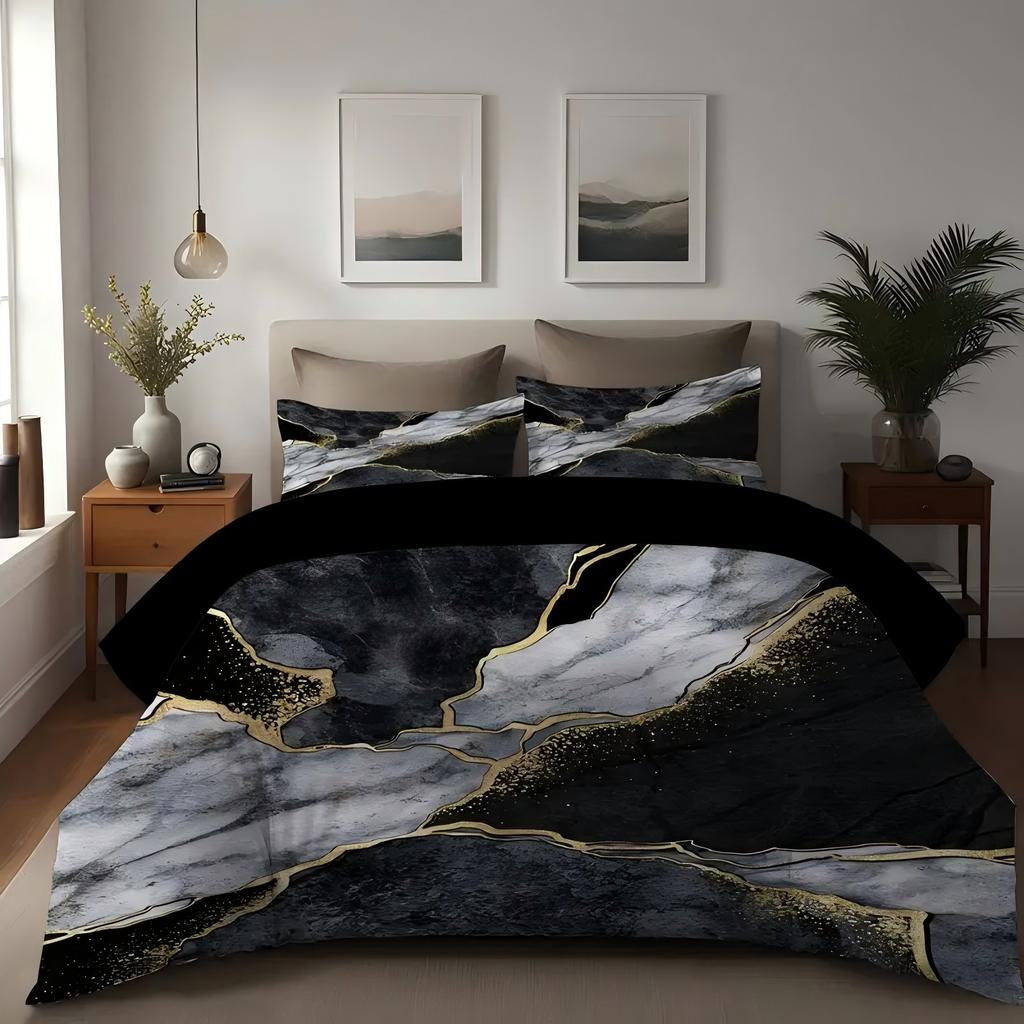 Black Gold Marble Pattern 3D Printed Duvet Cover Set Fashion Art Luxury Quilt Cover Set Soft Comfortable Bedding Set Pillowcases