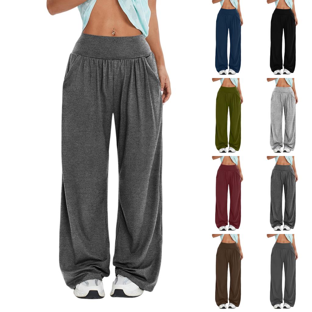 Women's Fashionable Solid Color Straight Leg Pants With High Waist Button Pockets And Elastic Waist Casual Pants