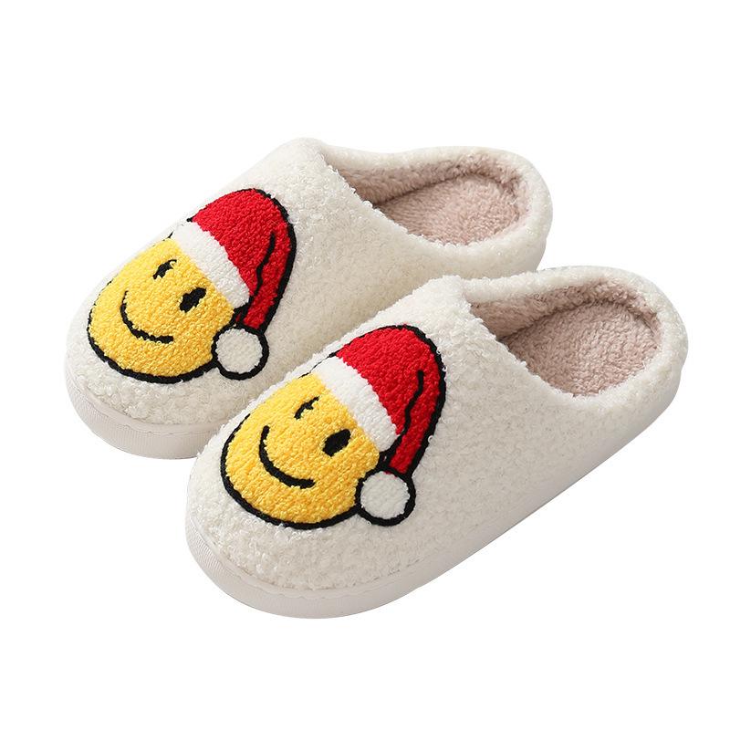 Cute Cartoon Smiley Face Christmas Hat & Tree Strawberry Cotton Slippers, Cozy & Warm Couple Style.