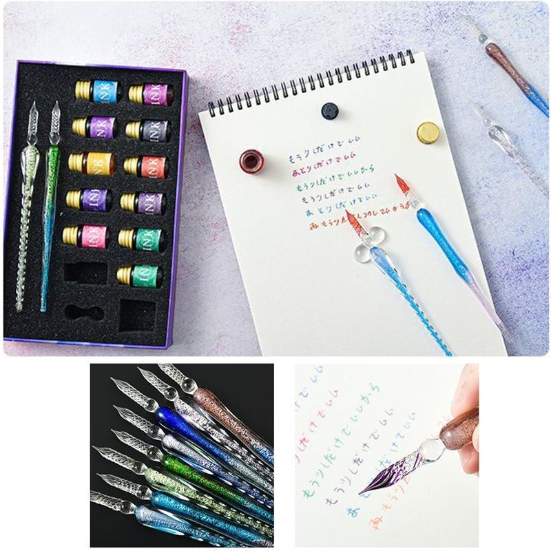 Verloopglazen Dip pennen met Inkt Cadeauset met 12 Goudpoeder Inkten Reinigingsbeker Pennenhouder voor Schrijver Kunstenaar Student Kind