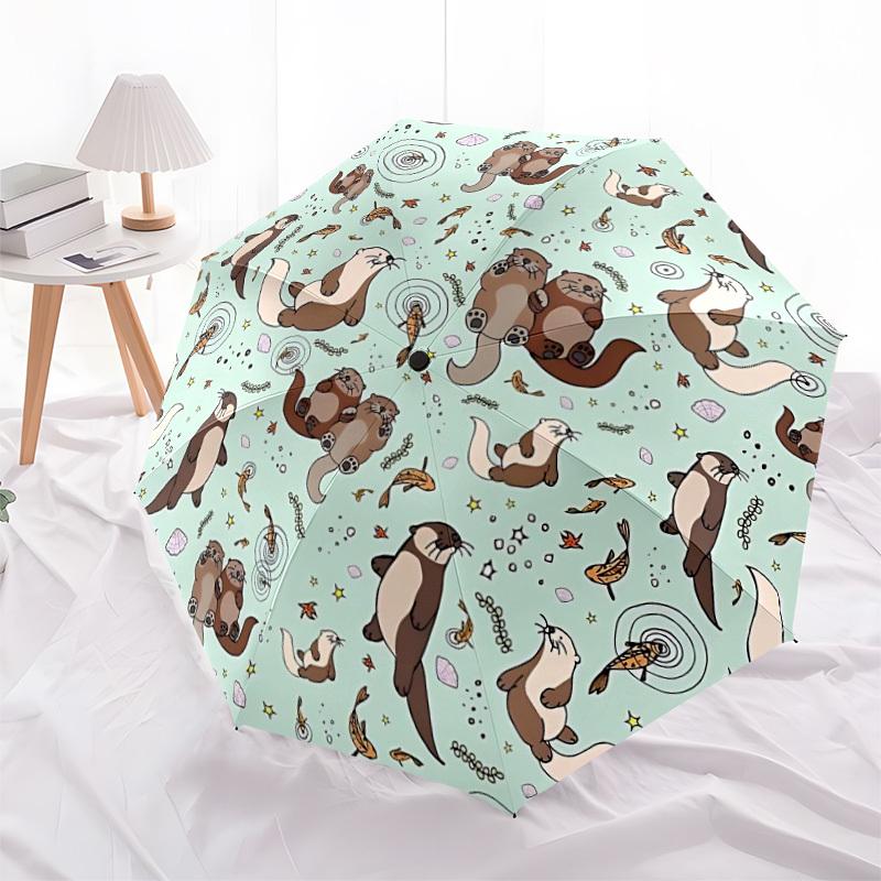 1pc Otters Pattern Automatic Folding Umbrella - Compact 8-Rib Design, Durable Plastic & Iron, Lightweight for Outdoor Daily Use034
